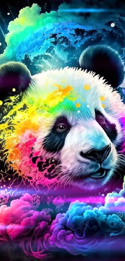 Vibrant panda surrounded by colorful clouds.