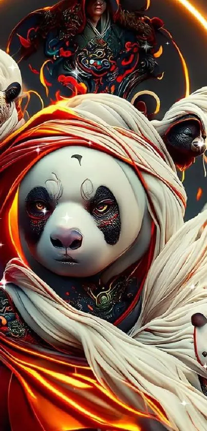 Vibrant fantasy-inspired panda wallpaper with vivid orange hues.