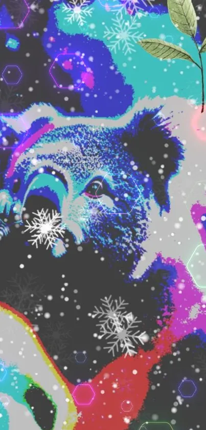 Colorful neon panda wallpaper with snowflakes and leaves on dark background.