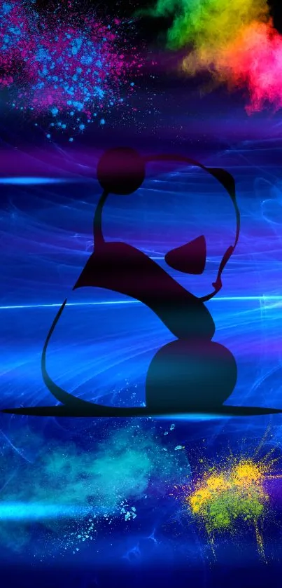 Silhouette of a panda on a vibrant cosmic background with electric blue hues.