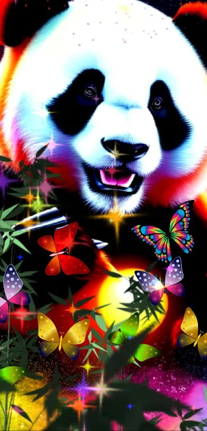 Colorful wallpaper featuring a panda with butterflies and bright red hues.