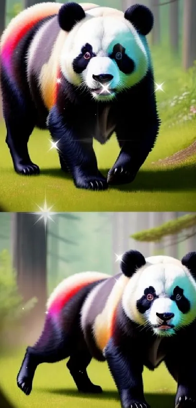 Vibrant panda walking through a lush, green forest with colorful accents.