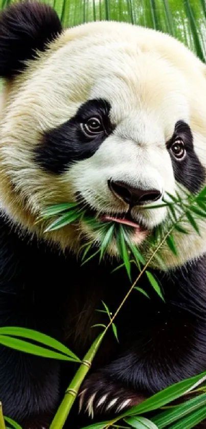 Panda eating bamboo in a lush forest wallpaper.