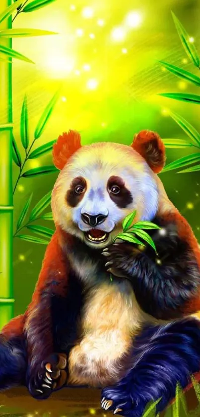 Playful panda sits amid vibrant green bamboo forest.