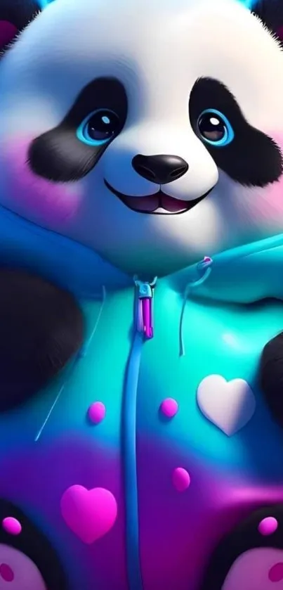 Cute panda in a colorful hoodie with hearts, perfect for mobile wallpaper.