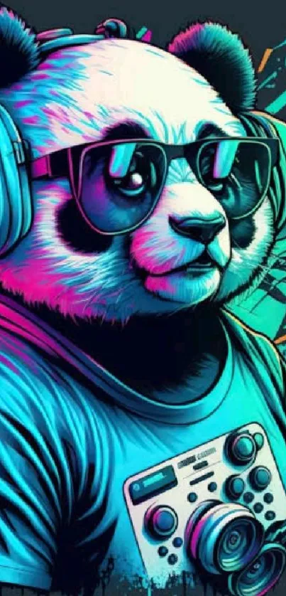 Vibrant panda with headphones and sunglasses as mobile wallpaper.