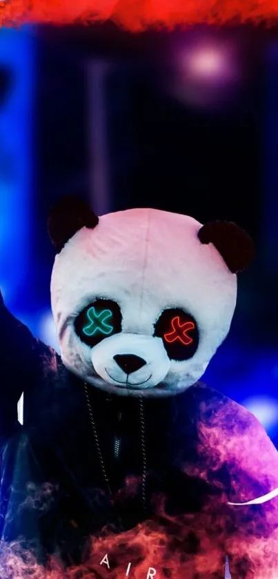 Panda with neon eyes and smoke in vibrant colors.