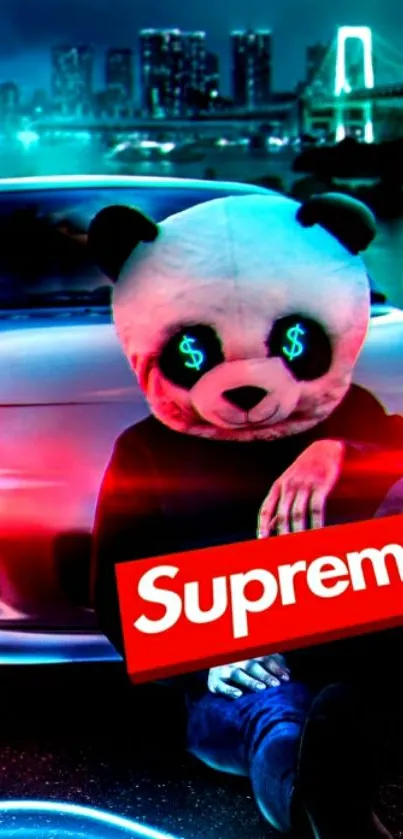 Panda with neon elements and cityscape in background.