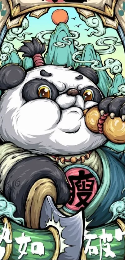 Illustrated panda warrior wallpaper for phones.