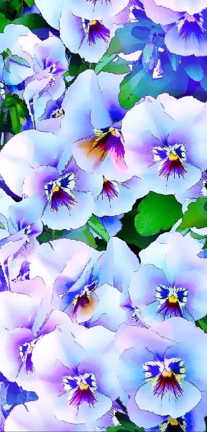 Vibrant blue pansy flowers with green leaves wallpaper.
