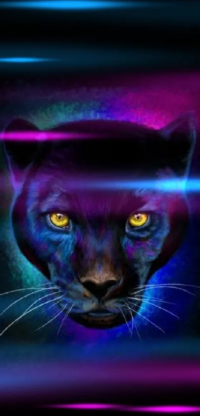 Neon panther face in vibrant colors and dark background for mobile wallpaper.