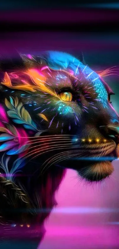 Colorful neon panther with artistic design on phone wallpaper.