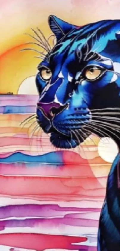 Blue panther art with colorful sunset background.