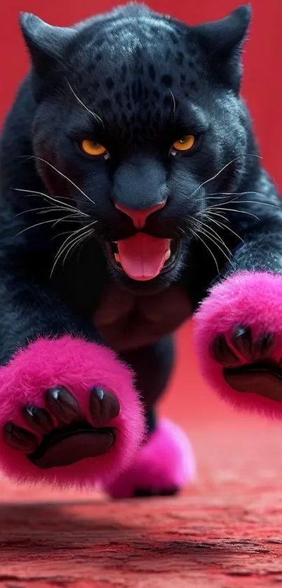 Fierce black panther with pink paws on red background.
