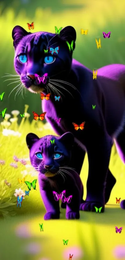 Neon panthers with butterflies in a vibrant meadow background.