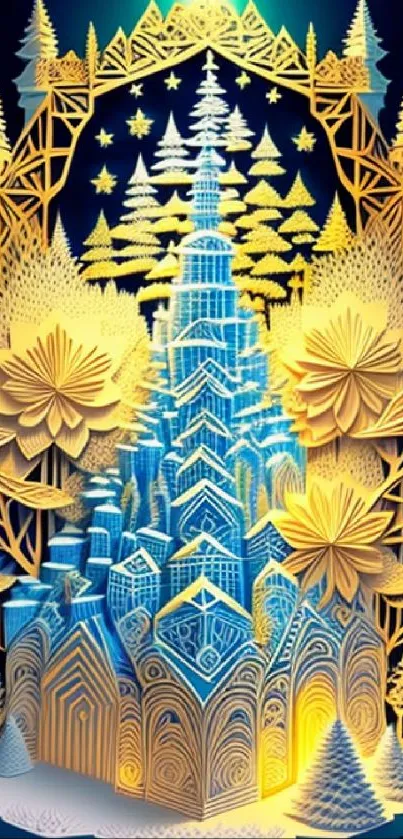 Intricate vibrant paper art design with golden and blue hues.