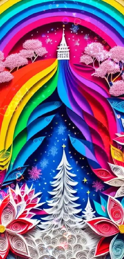 Vibrant and colorful fantasy paper art with rainbow and floral designs.