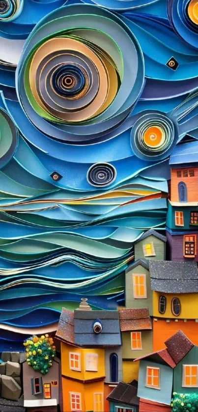 Colorful paper art of a cityscape with swirling skies.