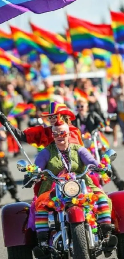Colorful parade with rainbow flags and motorcycles celebrating diversity.