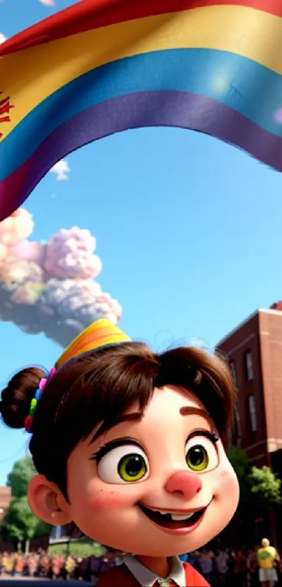 Animated character at a vibrant parade with a colorful flag waving cheerfully.