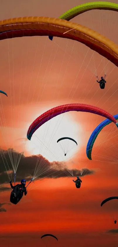 Colorful paragliders soaring at sunset in vibrant sky.