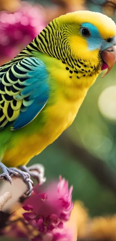 Vibrant parakeet with green and yellow feathers on a branch.