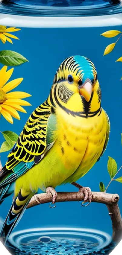 Colorful parakeet on a blue vase with sunflowers and leaves.