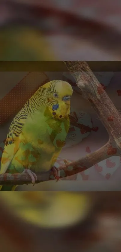 Vibrant green parakeet perched subtly against a heart-patterned background.