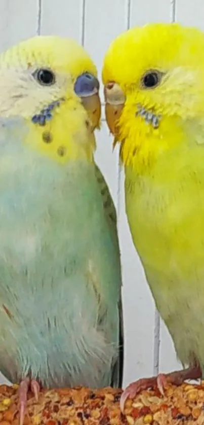 Two vibrant parakeets with yellow and green plumage on a white background.