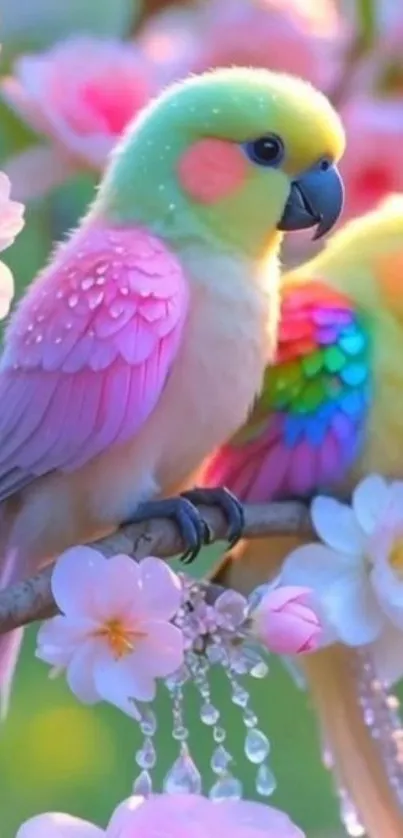 Colorful parakeets on cherry blossom branches with vibrant feathers.