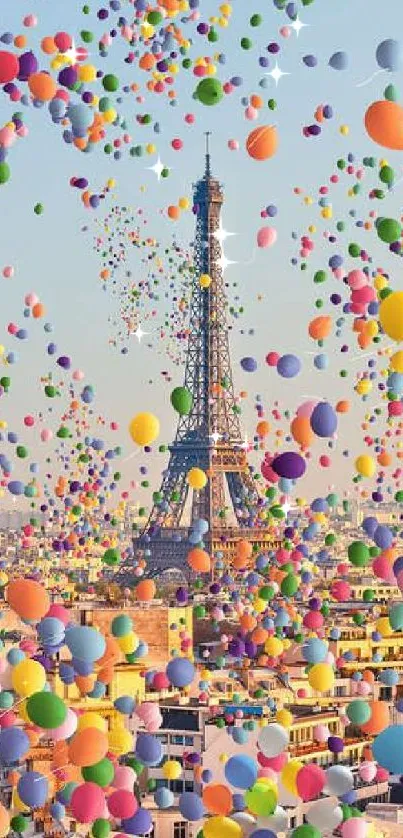 Colorful balloons float over Paris with the Eiffel Tower in the background.