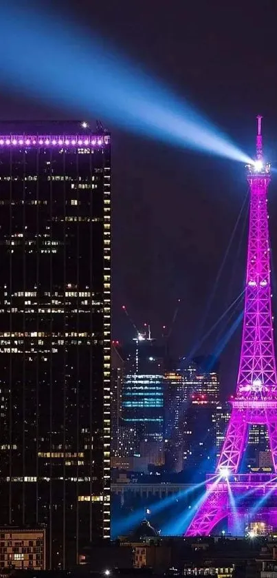 Eiffel Tower illuminated in purple light at night, Paris cityscape.