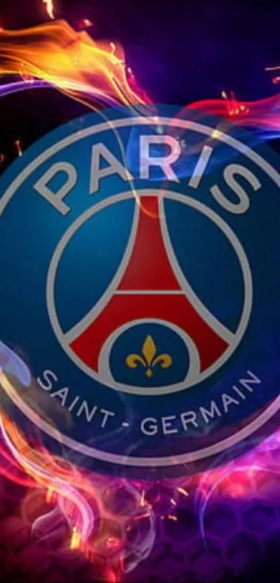 Paris Saint-Germain logo with vibrant flames wallpaper.