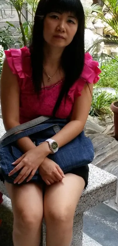 Woman sitting on a park bench in vibrant surroundings.