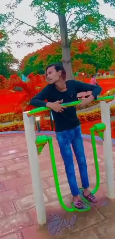 Man exercising in a colorful park setting with vibrant red and green hues.