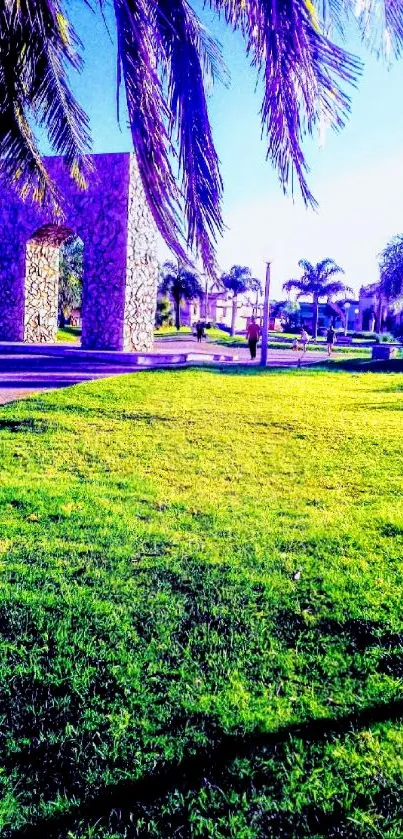 Vibrant park with greenery and stone archway.