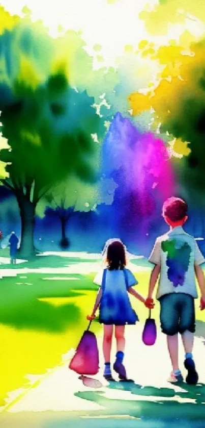 Vibrant watercolor park scene wallpaper with colorful trees and walking people.