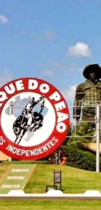 Parque do Peão sign with cowboy statue in vibrant setting.