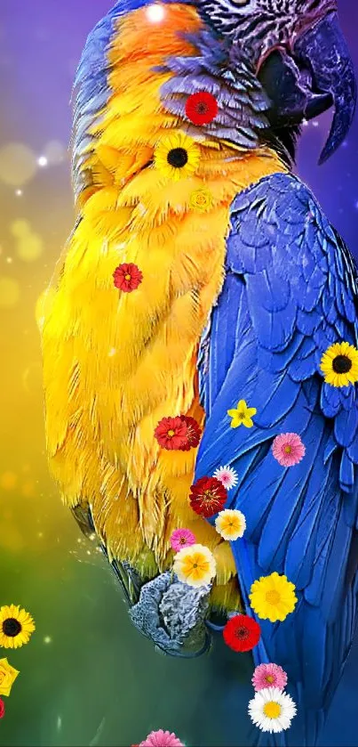 Vibrant parrot with colorful flowers on a yellow and blue background.