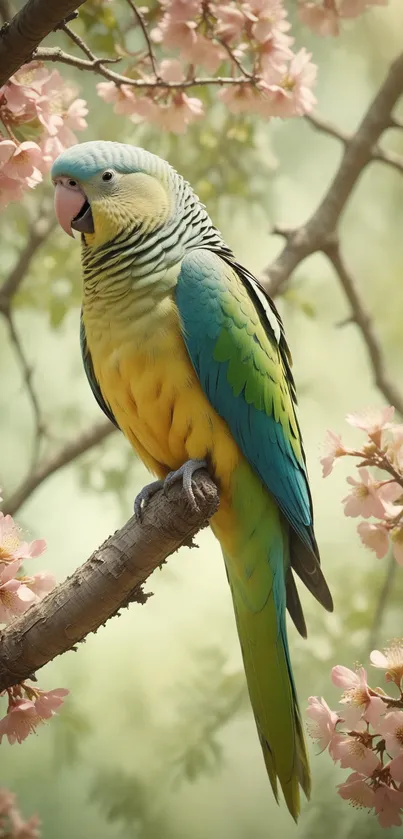 Colorful parrot perched among cherry blossoms.