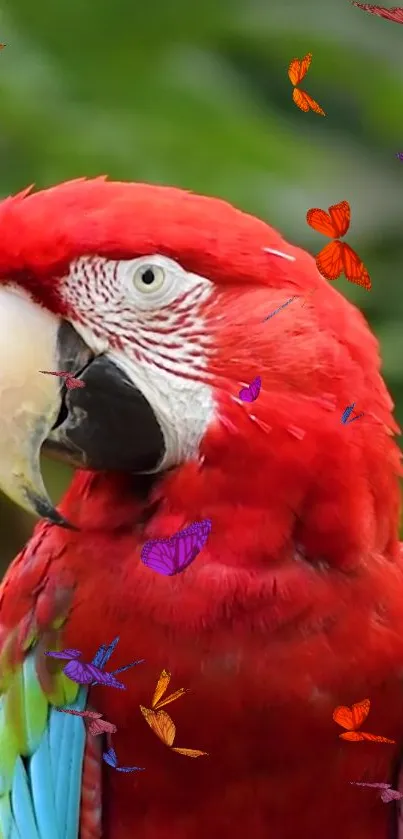 Colorful parrot surrounded by butterflies.