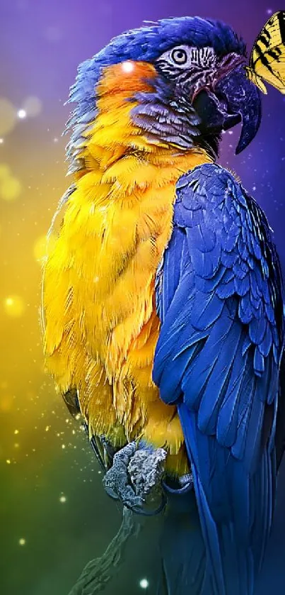 Vibrant parrot holding a butterfly on a colorful background.