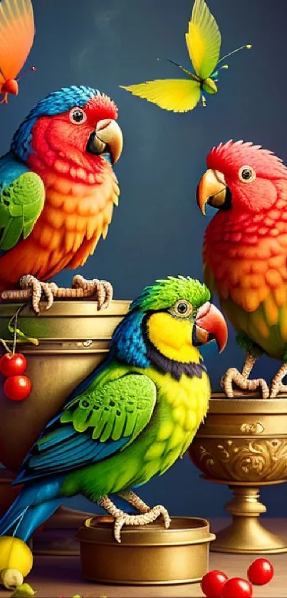 Colorful parrots and butterflies mobile wallpaper.