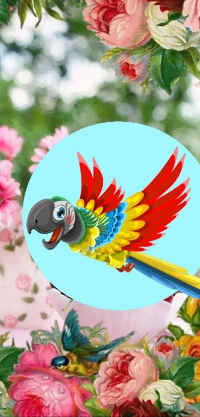 Vibrant parrot flying over a floral background with colorful flowers.