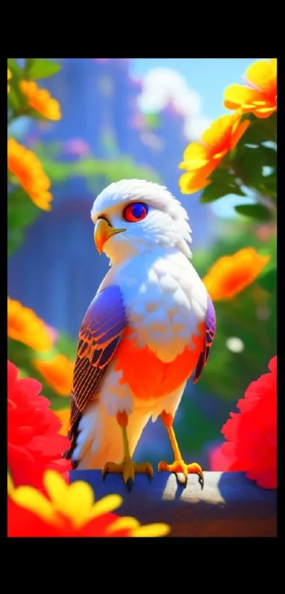 A white and orange parrot amid vibrant flowers.