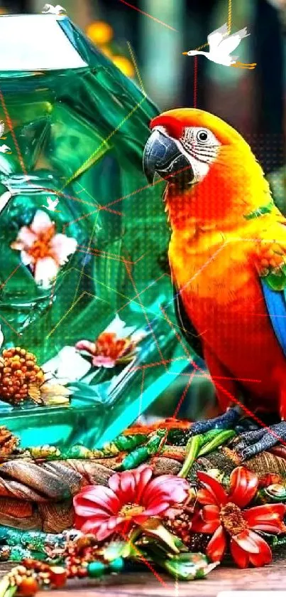 Vibrant parrot beside gemstone and flowers.