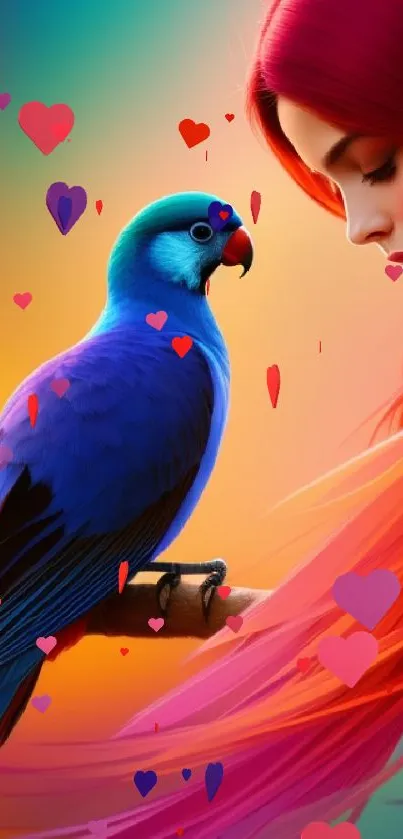 Colorful parrot and girl with vibrant flowing hair.