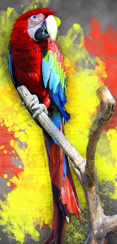 Vibrant red parrot perched on a branch with a colorful splash background.