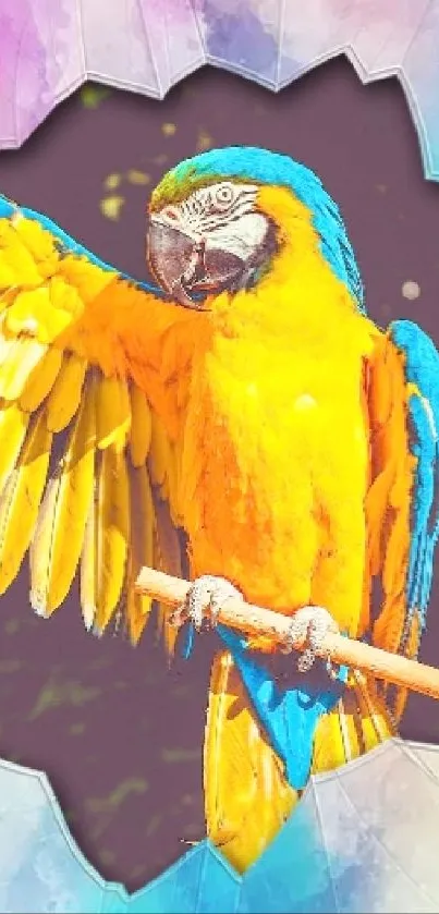Vibrant yellow and blue parrot digital art wallpaper.