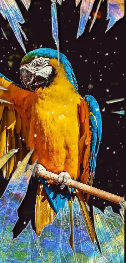 Colorful parrot breaking through a digital canvas in vibrant artwork.